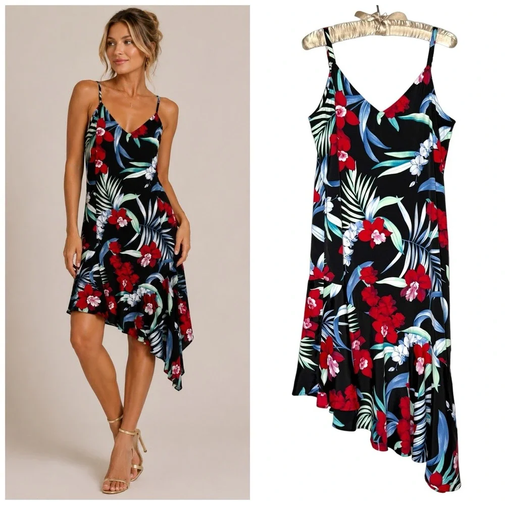 Tommy Bahama Dress Large Midnight Orchid Asymmetric Beach Resort Tropical - Picture 1 of 9